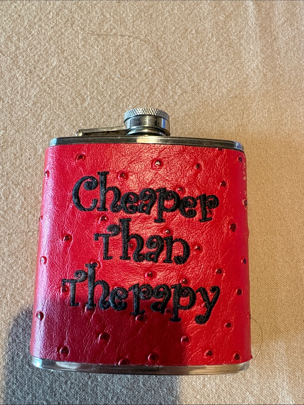 'Cheaper Than Therapy' Red Leather Flask